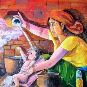Nepalese painting of a mother bathing her son