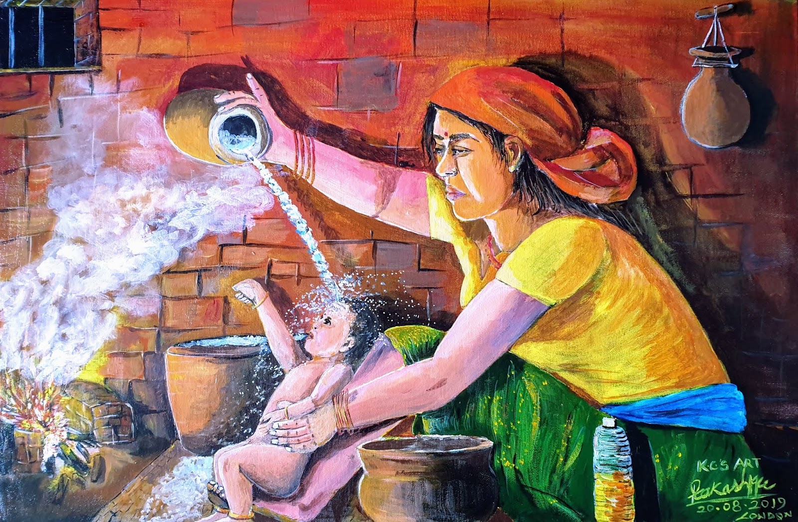 Nepalese painting of a mother bathing her son