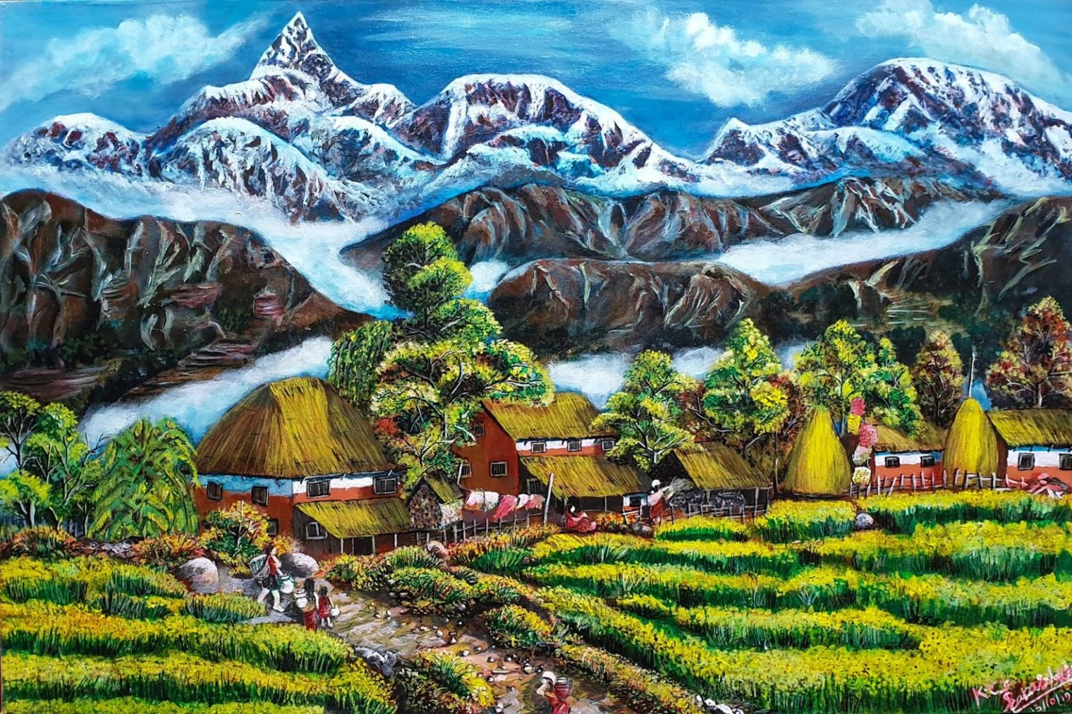 Village near Pokhara, [Nepalese acrylic landscape painting]